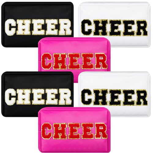 Clysee 6 Pcs Cheer Makeup Bag Chenille Cosmetic Bag with Letter Patches Waterproof Portable Cheerleader Toiletry Zipper Pouch for Girls Women Teachers Appreciation Gifts Pastel Colors - Image 1