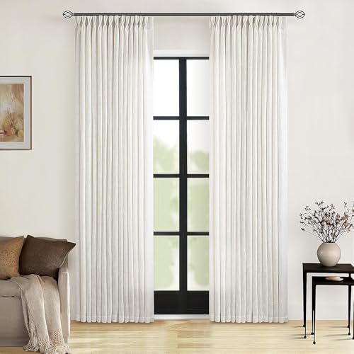 TWODRAPES 90 Inch Pinch Pleated Linen Curtains 2 Panel Set for Living Room Cream Natural Thick Linen Textured Drapes 90 Inches Long Pinch Pleat Drapes Birch Ivory Semi Sheer Curtain for Dining Bedroom Office - Image 1