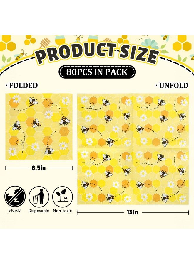 Whaline Bee Paper Napkins 6.5 X 6.5 Inch Bumblebee Daisies Print Disposable Luncheon Napkins Yellow Honeycomb Lunch Napkins For Spring Summer Home Dinner Buffet Tableware Party Supplies 80 Pack - Image 3