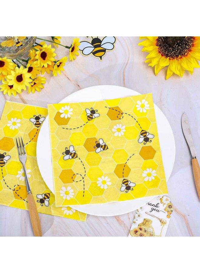 Whaline Bee Paper Napkins 6.5 X 6.5 Inch Bumblebee Daisies Print Disposable Luncheon Napkins Yellow Honeycomb Lunch Napkins For Spring Summer Home Dinner Buffet Tableware Party Supplies 80 Pack - Image 4