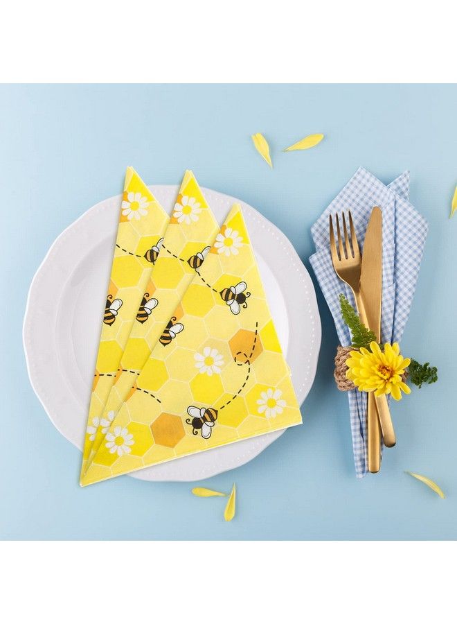 Whaline Bee Paper Napkins 6.5 X 6.5 Inch Bumblebee Daisies Print Disposable Luncheon Napkins Yellow Honeycomb Lunch Napkins For Spring Summer Home Dinner Buffet Tableware Party Supplies 80 Pack - Image 5