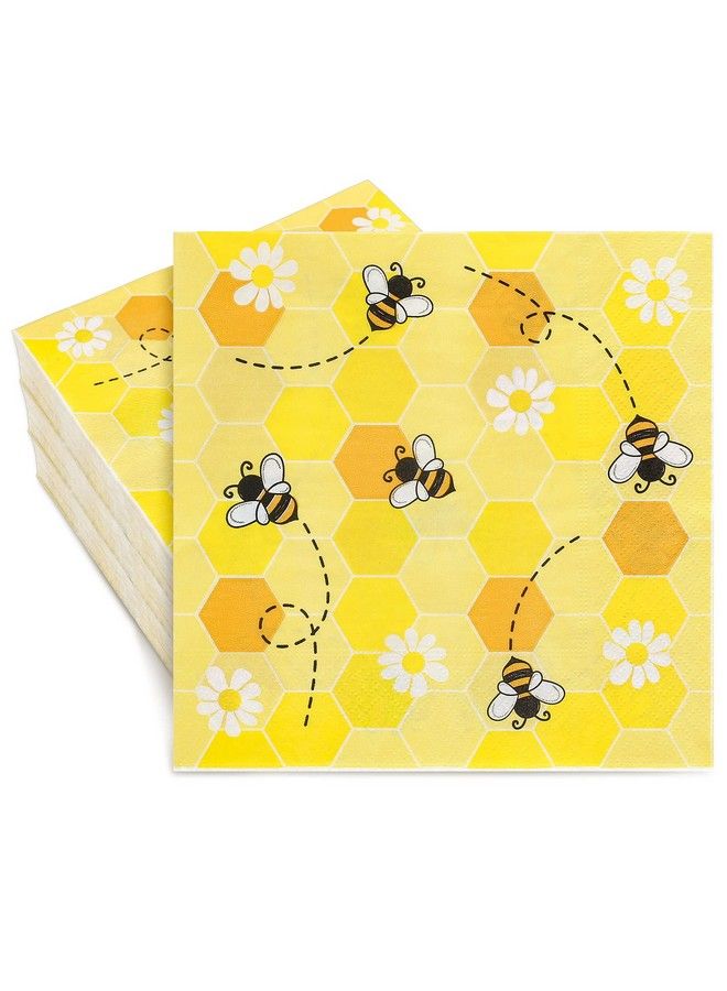Whaline Bee Paper Napkins 6.5 X 6.5 Inch Bumblebee Daisies Print Disposable Luncheon Napkins Yellow Honeycomb Lunch Napkins For Spring Summer Home Dinner Buffet Tableware Party Supplies 80 Pack - Image 2