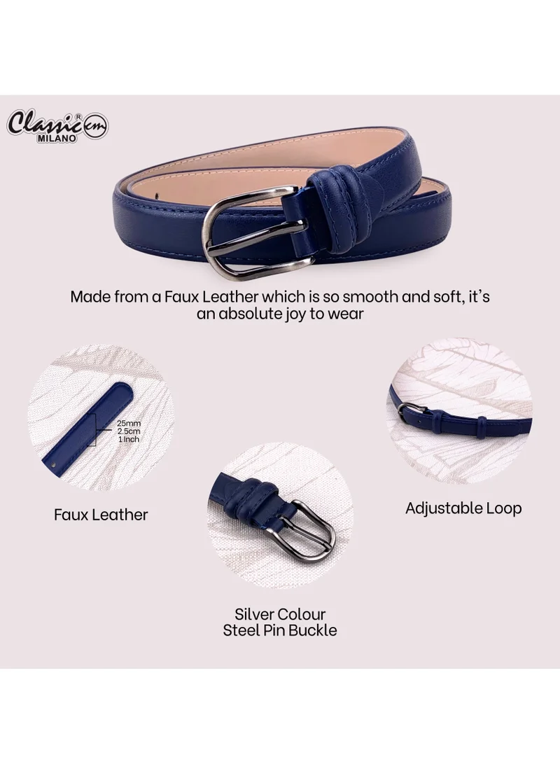 Classic Milano Blue (SGPU26) Classic Milano Women's Belt with Gift Box; Faux Leather Ladies Belt for Dresses, Jeans & Gowns; Stylish Womens Belt; Adjustable Girls Belt; Belt for Women | Full Length: 110 CM (Free Size - Fits up to the waist of 40 Inches / 100 CM) for Women | Best Price UAE