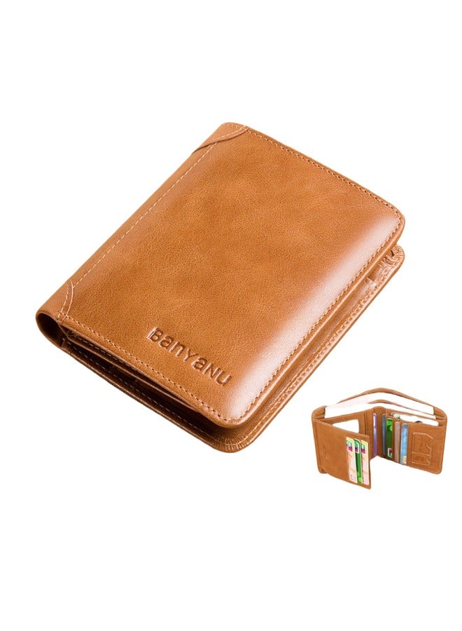 Men's Wallet Genuine Leather Ultra-Thin Anti-Theft Brush Vertical Card Holder Men's Short Wallet Apricot Yellow