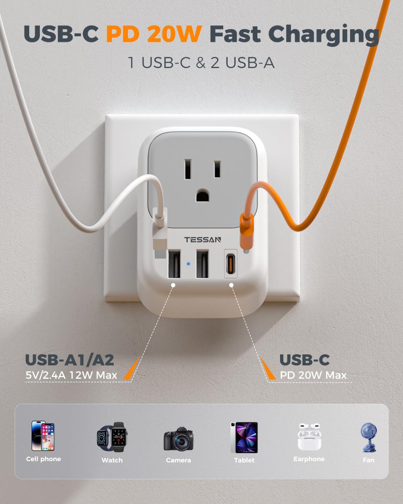 TESSAN 2 Prong to 3 Prong Outlet Adapter 2 Pack, US to Japan Plug Adapter with 4 Outlets 3 USB (1 USB C PD 20W), Outlet Adaptor US to Japan China Mexico Philippines Canada Peru Thailand Vietnam - Image 4