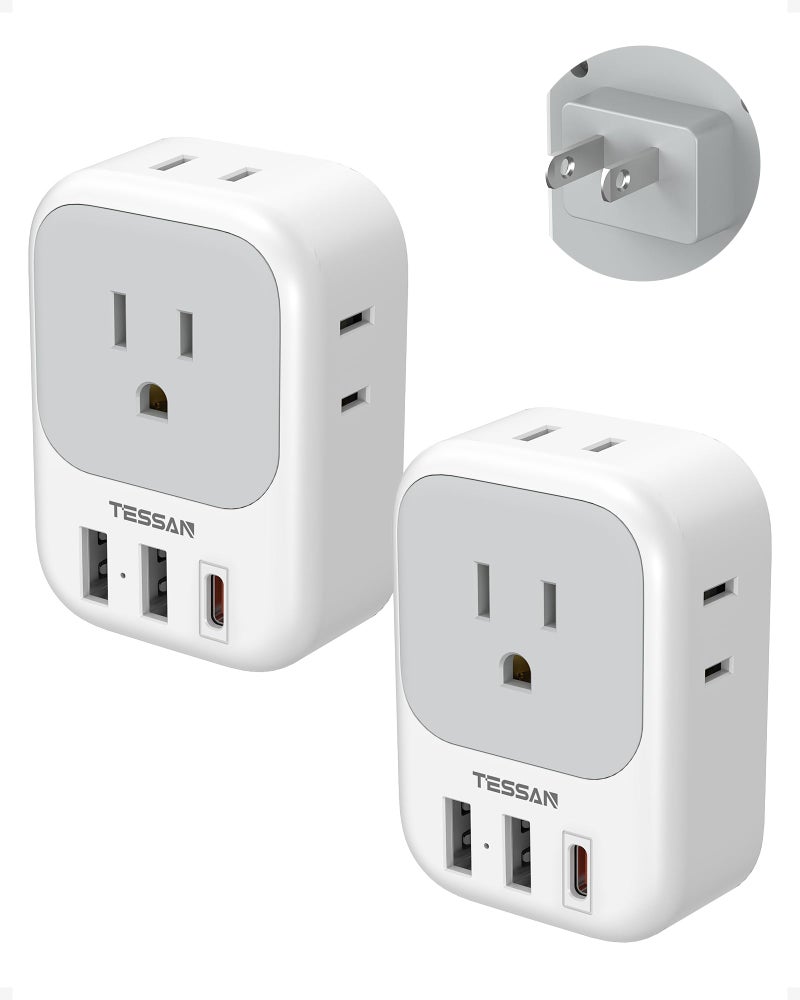 TESSAN 2 Prong to 3 Prong Outlet Adapter 2 Pack, US to Japan Plug Adapter with 4 Outlets 3 USB (1 USB C PD 20W), Outlet Adaptor US to Japan China Mexico Philippines Canada Peru Thailand Vietnam - Image 1