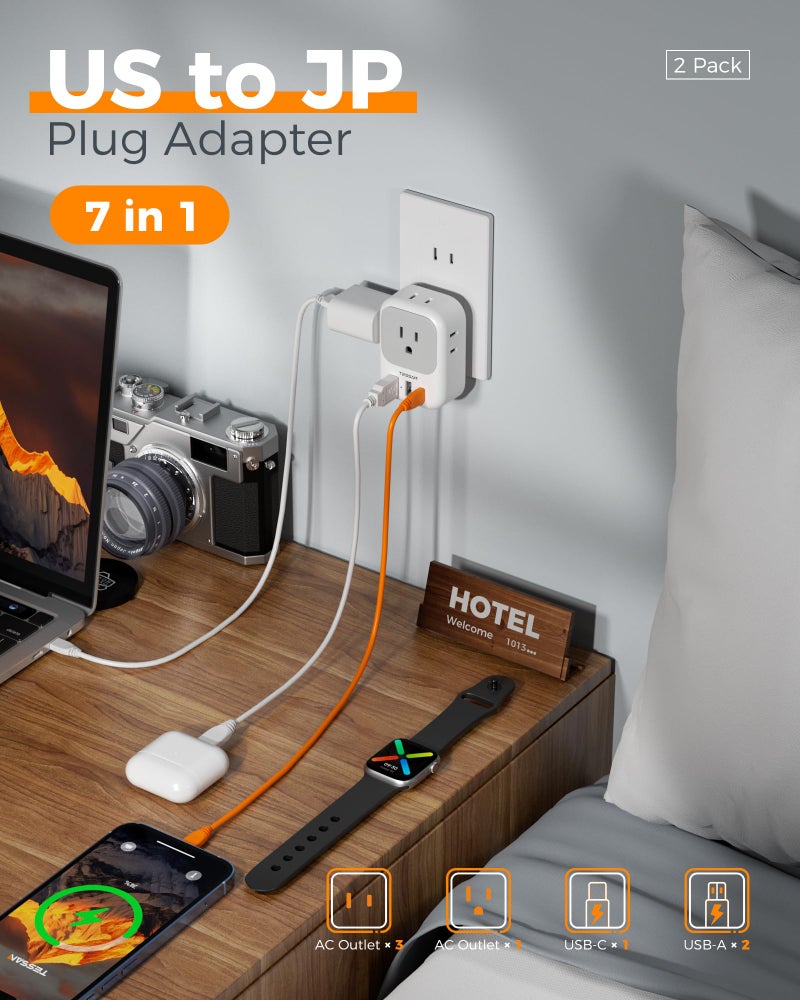 TESSAN 2 Prong to 3 Prong Outlet Adapter 2 Pack, US to Japan Plug Adapter with 4 Outlets 3 USB (1 USB C PD 20W), Outlet Adaptor US to Japan China Mexico Philippines Canada Peru Thailand Vietnam - Image 3