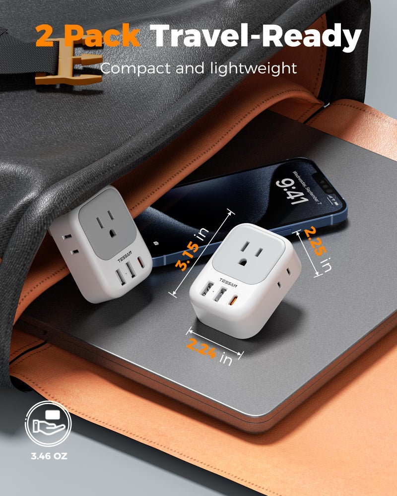TESSAN 2 Prong to 3 Prong Outlet Adapter 2 Pack, US to Japan Plug Adapter with 4 Outlets 3 USB (1 USB C PD 20W), Outlet Adaptor US to Japan China Mexico Philippines Canada Peru Thailand Vietnam - Image 5