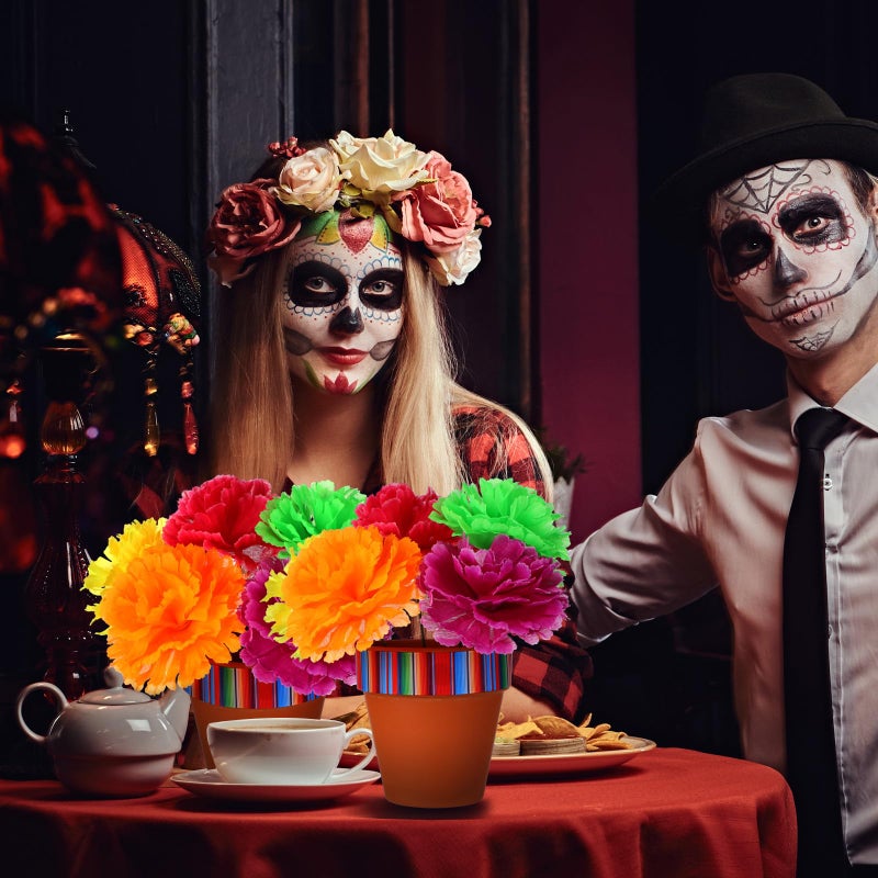 Knitgrip 36 Pcs Mexican Table Decorations Centerpieces Fiesta Pots with Marigold Flower for Halloween Day of The Dead Party Tables Decorations - Image 5