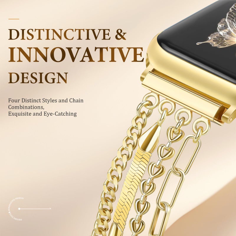 Newlibery Chain Bracelet Watch Band Women Compatible with Apple Watch 38mm 40mm 41mm 42mm(S10/11) Adjustable Fashion Slim Jewelry Strap for iWatch Series 11/10/9/8/7/6/5/4/SE 3/2/1/Ultra1 2 3 Gold A - Image 3