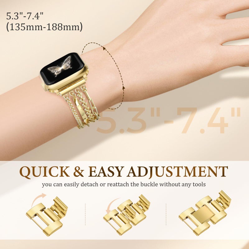 Newlibery Chain Bracelet Watch Band Women Compatible with Apple Watch 38mm 40mm 41mm 42mm(S10/11) Adjustable Fashion Slim Jewelry Strap for iWatch Series 11/10/9/8/7/6/5/4/SE 3/2/1/Ultra1 2 3 Gold A - Image 5