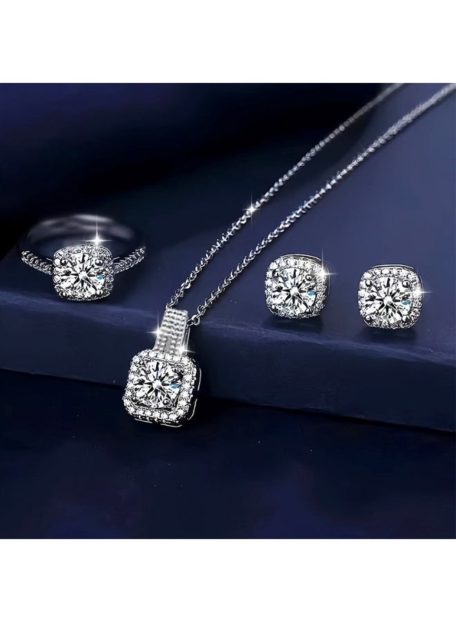 Elegant Jewelry Set for Women – Shiny Necklace, Stud Earrings & Ring Trio, Delicate Sparkling Set for Gift, Anniversary, Party, or Daily Wear  - Image 1