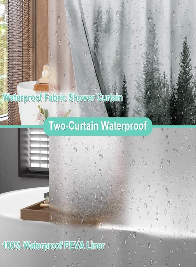 ORTIGIA 3 in 1 Waterproof Shower Curtain and Clear PEVA Liner Set with 12 Double Sided Metal Shower Curtain Hooks, Black Misty Forest Tree Soft Fabric Shower Curtain for Bathroom - 72 Wx72 L - Image 4