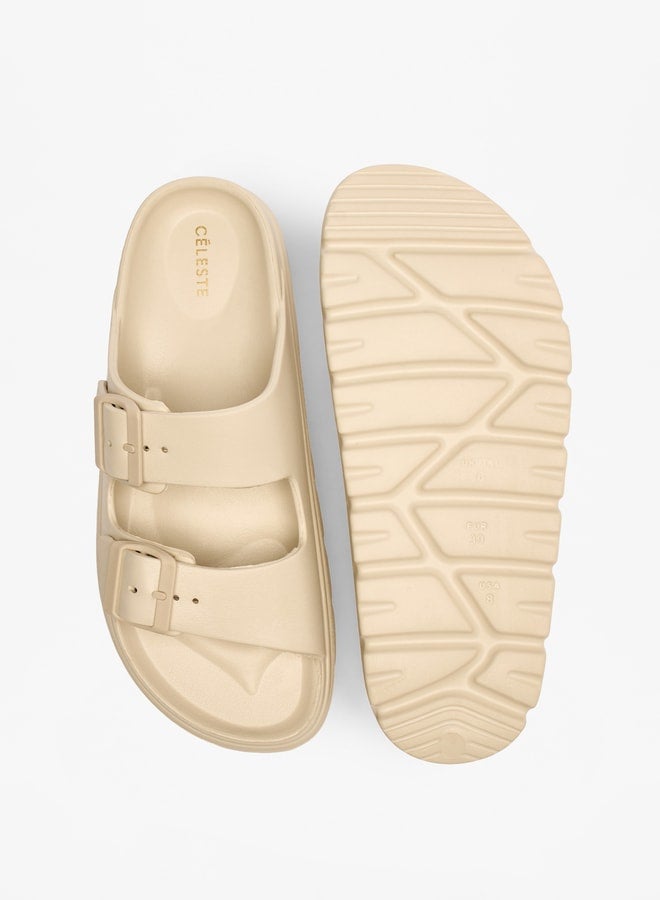 Celeste Women's Solid Slip-On Sandals with Buckle Accent - Image 5