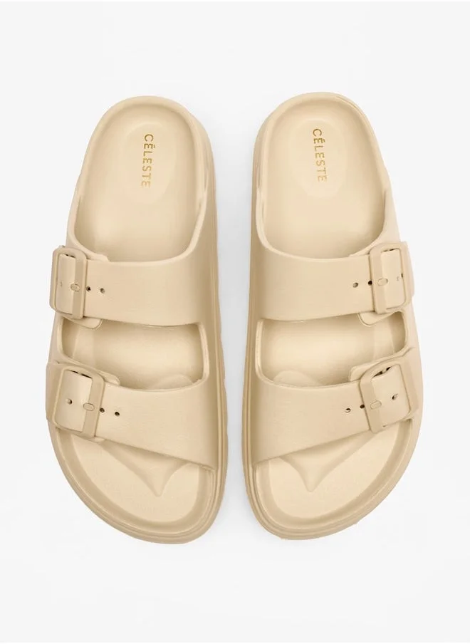 Celeste Women's Solid Slip-On Sandals with Buckle Accent