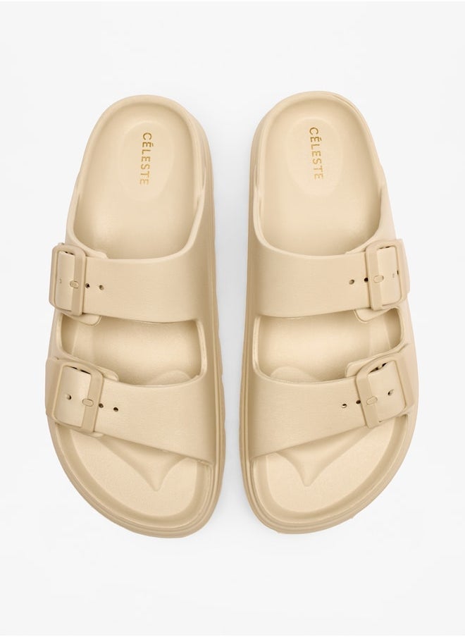 Celeste Women's Solid Slip-On Sandals with Buckle Accent - Image 2