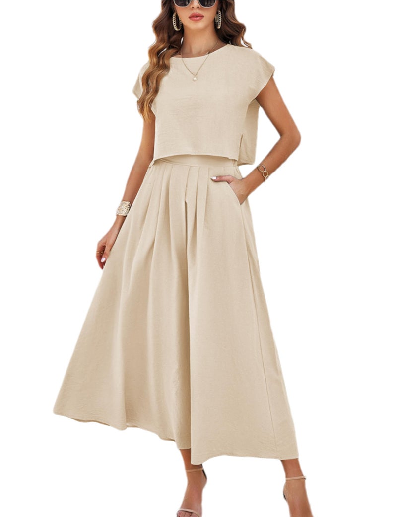 HangNiFang Summer Skirt Sets Women 2 Piece Outfits Cap Sleeve Top Elastic Waist Maxi Dress Sets with Pockets(1218-Khaki-S) - Image 1