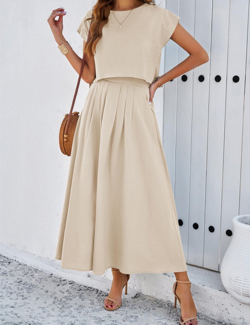 HangNiFang Summer Skirt Sets Women 2 Piece Outfits Cap Sleeve Top Elastic Waist Maxi Dress Sets with Pockets(1218-Khaki-S) - Image 3