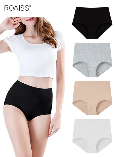 ملابس داخلية نسائية قطنية مكونة من 4 قطع، سراويل داخلية عالية الخصر لتشكيل البطن ورفع الأرداف، مقاس كبير، سراويل داخلية مثلثة ناعمة وجيدة التهوية ومريحة، عبوة متعددة