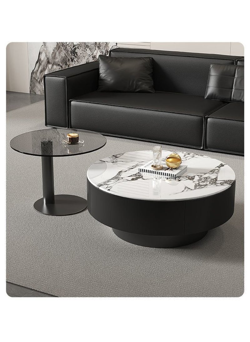 AWD Luxury Modern Round Coffee Table Set – Black Base with White Marble Top & Smoked Glass Side Table – Living Room Centerpiece Furniture - Image 1