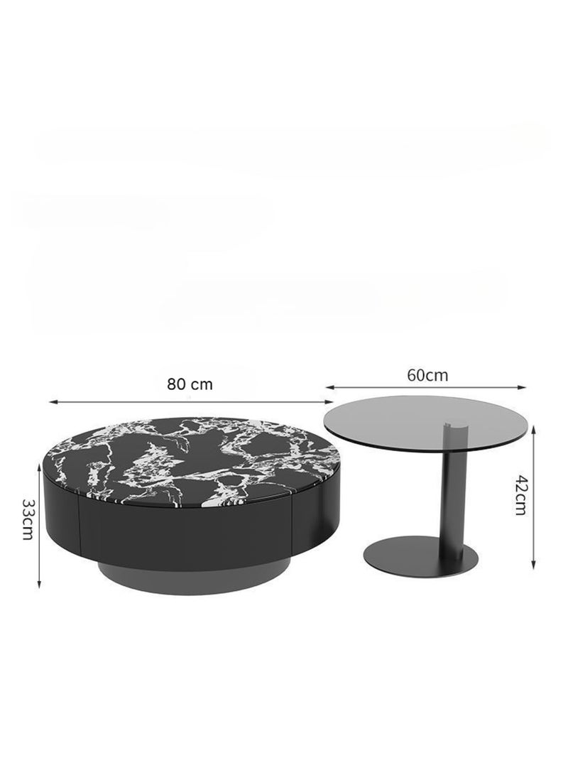 AWD Luxury Modern Round Coffee Table Set – Black Base with White Marble Top & Smoked Glass Side Table – Living Room Centerpiece Furniture - Image 2