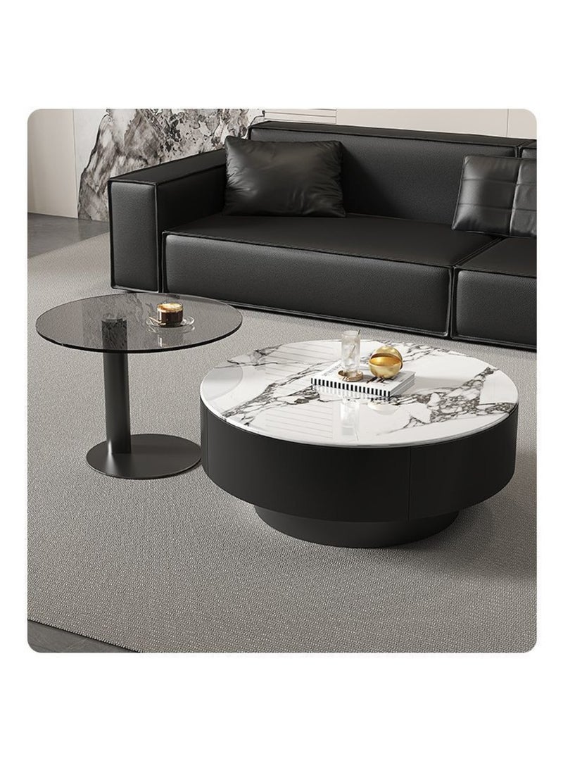 AWD Luxury Modern Round Coffee Table Set – Black Base with White Marble Top & Smoked Glass Side Table – Living Room Centerpiece Furniture - Image 3