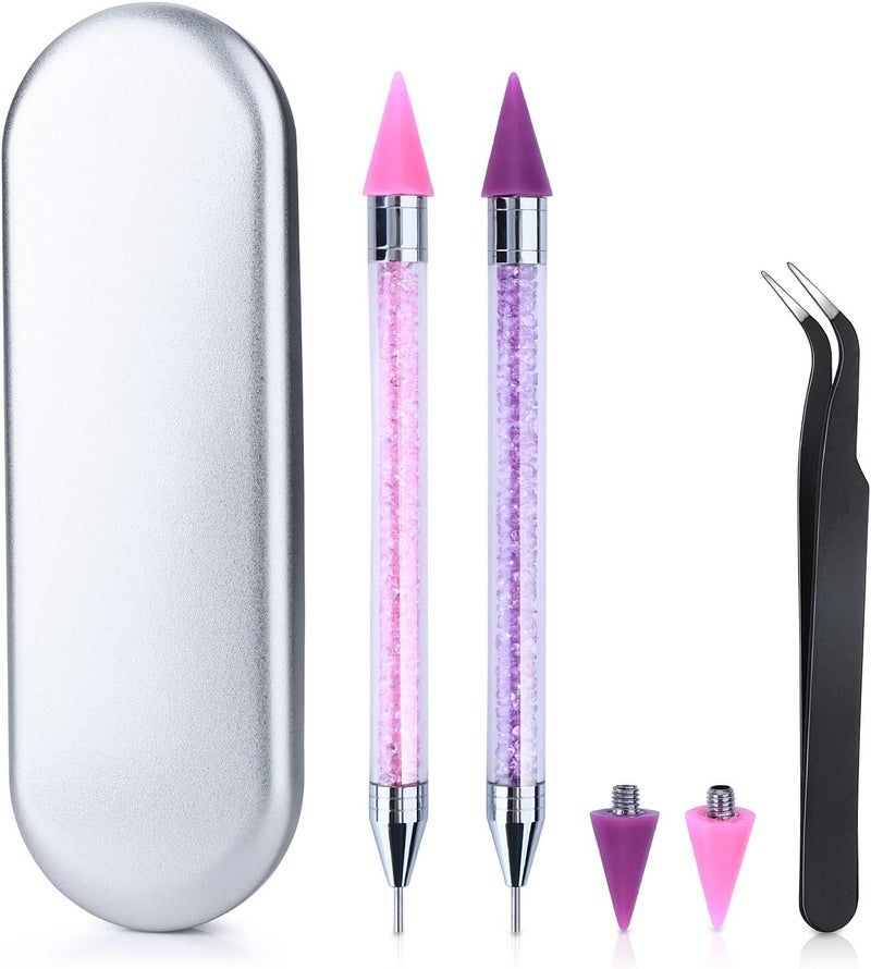 Nail Art Rhinestone Picker Tool Kit Dual Ended Wax Pen with 2 Extra Tips Tweezer for Gems Crystals Professional Nail Design Set for DIY Manicure Craft