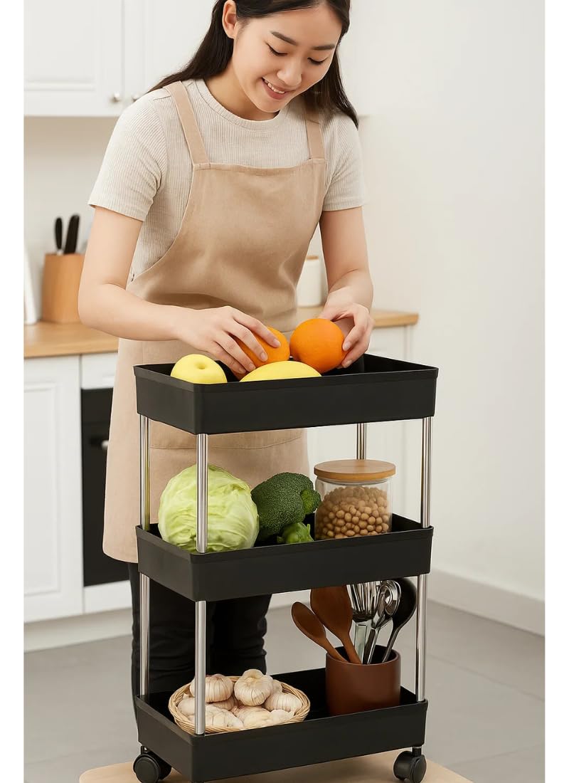 Leaffybezz 3 Layer Multipurpose Kitchen with Wheels, Space Saving Home Storage Organizer Rack Vegetable Rack Stand for Living Room, Bedroom, Office (Black) - Image 4