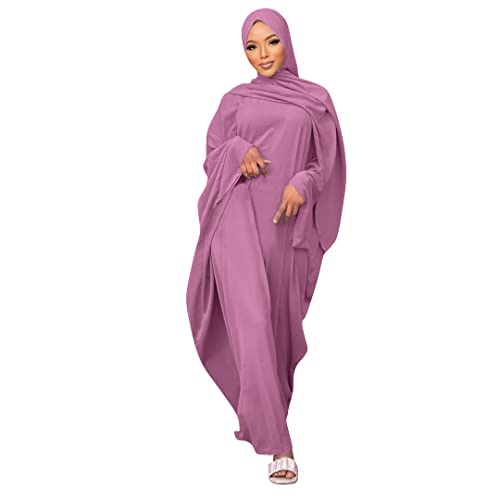 IWEMEK Burkas for Women Hijab Dress Solid Abaya Eid Dress Islamic Maxi Gown Kaftan with Hijab Scarfs Dubai Full Length Formal Gown 2Piece Muslim Prayer Set Purple 2pcs One Size - Image 1