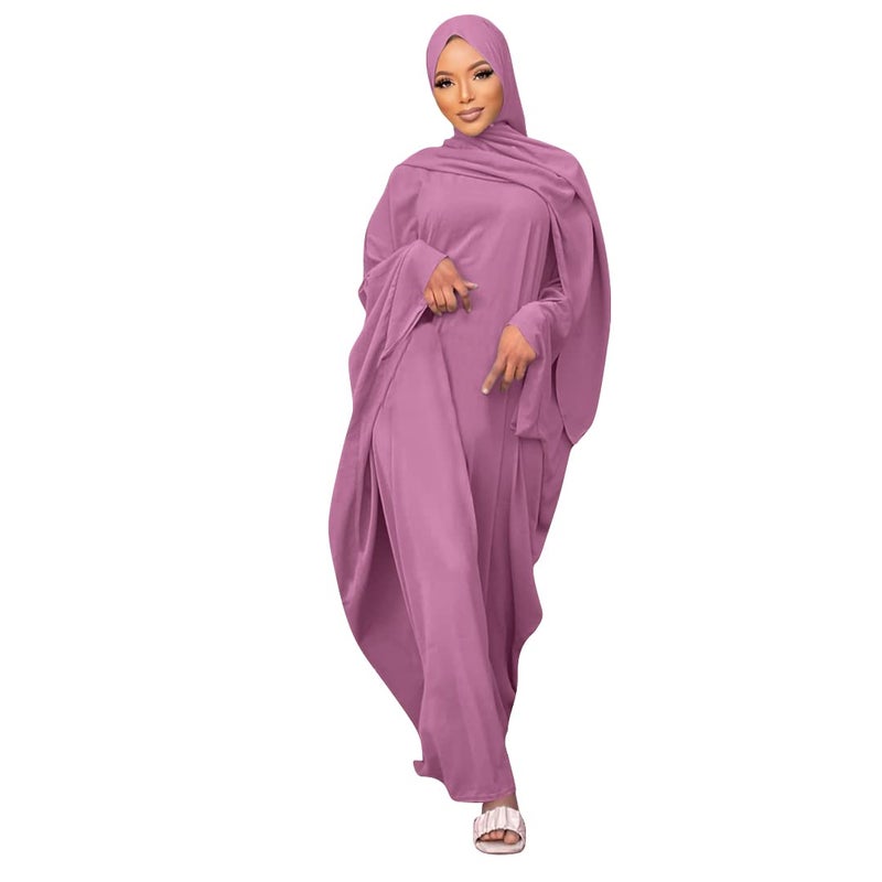 IWEMEK Burkas for Women Hijab Dress Solid Abaya Eid Dress Islamic Maxi Gown Kaftan with Hijab Scarfs Dubai Full Length Formal Gown 2Piece Muslim Prayer Set Purple 2pcs One Size - Image 2