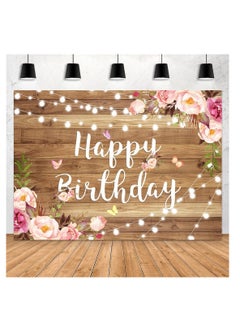 SYOSI Happy Birthday Backdrop Pink Floral Happy Birthday Backdrop Butterfly Wooden Floor Watercolor Flowers Girls Women Photography Background Banner Cake Table Supplies Party Decoration Photo Booth  - Image 1