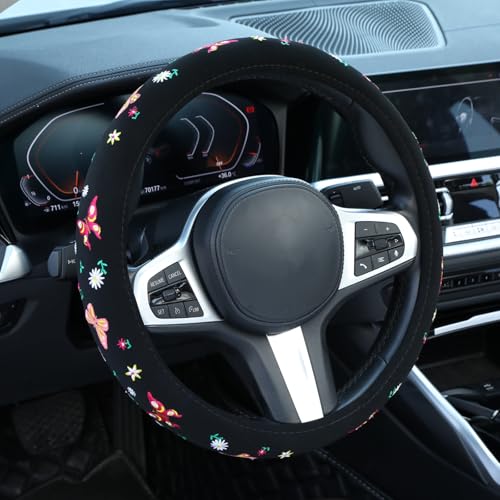 BDFHYK Embroidered Floral Bee Cute Black Steering Wheel Cover Auto AntiSlip Breathable Steering Wheel ProtectorFloral Car Accessories for WomenUniversal Size Fit Most Cars 15 inch - Image 1