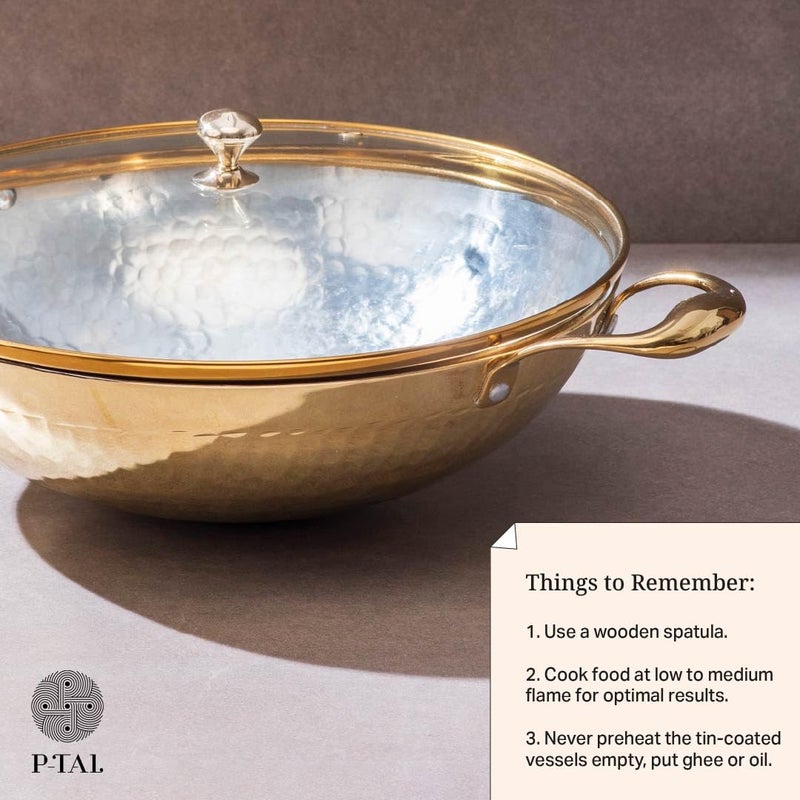 P-TAL PTAL Brass Kadhai 3L with Insulated HeatResistant Handle and Glass Lid 100 Pure Brass Tin Coated Kadai for Cooking NonStick and ChemicalFree - Image 5