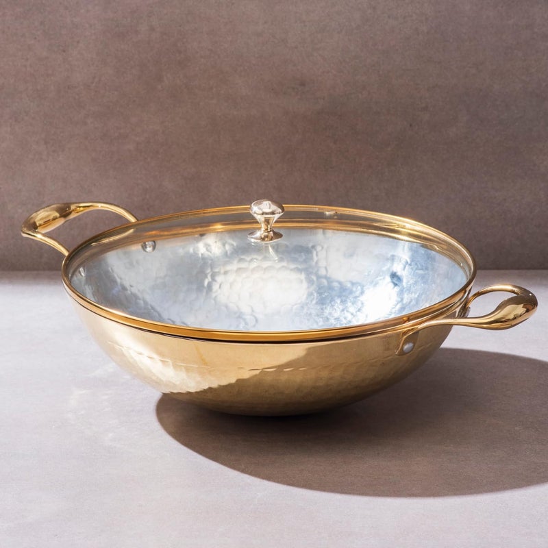 P-TAL PTAL Brass Kadhai 3L with Insulated HeatResistant Handle and Glass Lid 100 Pure Brass Tin Coated Kadai for Cooking NonStick and ChemicalFree - Image 1