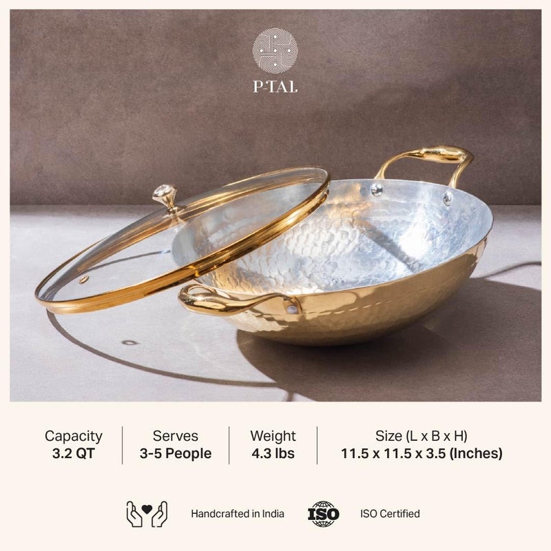P-TAL PTAL Brass Kadhai 3L with Insulated HeatResistant Handle and Glass Lid 100 Pure Brass Tin Coated Kadai for Cooking NonStick and ChemicalFree - Image 2
