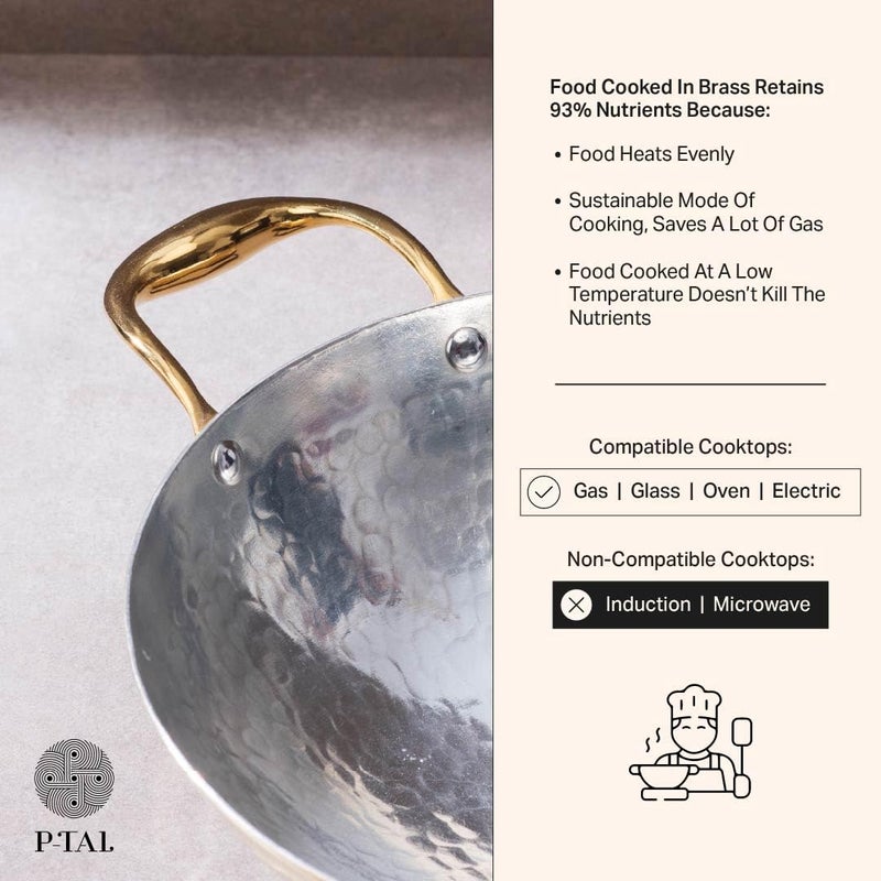 P-TAL PTAL Brass Kadhai 3L with Insulated HeatResistant Handle and Glass Lid 100 Pure Brass Tin Coated Kadai for Cooking NonStick and ChemicalFree - Image 4