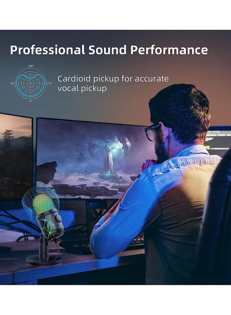 Gaming Microphone, USB Computer Microphone for PC, Mac, PS4/5, Condenser Podcast Mic for Studio Recording, YouTube, Streaming, with Headphone Jack, Led Light, Mute, Gain, Noise Cancellation - Image 4
