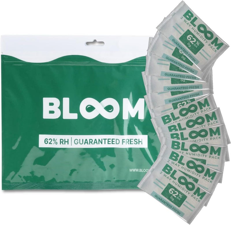 أكياس الرطوبة من هيرب جارد BLOOM بنسبة رطوبة 62% (عبوة من 10 قطع) - 8 جرام مضمونة للحفاظ على ما يصل إلى أونصة واحدة طازجة لأشهر وإعادة المحتويات الجافة إلى الحياة - Image 1
