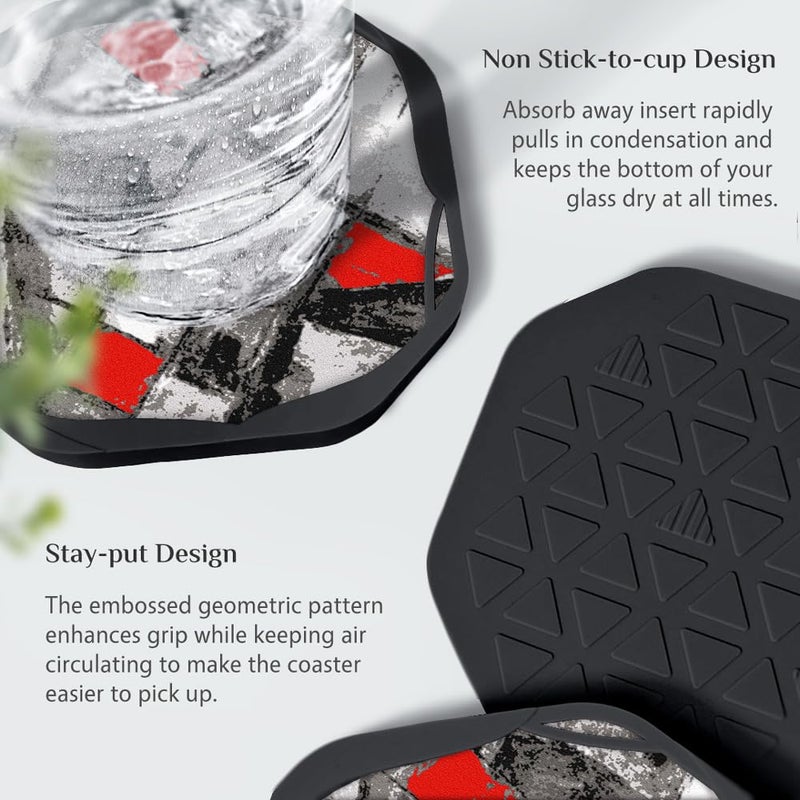 UMIRRO Cool Modern Absorbent Drink Coasters for Coffee Table  Black and Red  4""  Set of 4 - Image 5
