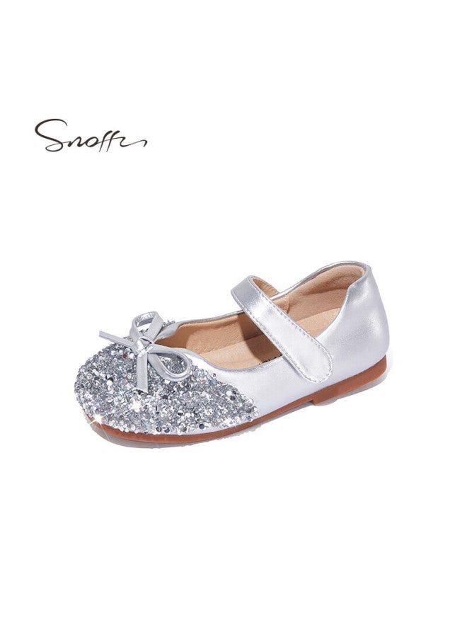 Snoffy أحذية جلدية للبنات، أحذية كريستال للأطفال للربيع والخريف، أحذية أميرة ماسية لامعة، مسطحة مريحة بنعل ناعم للفتيات الصغيرات، فضي قمري، المقاس 27 - Image 1