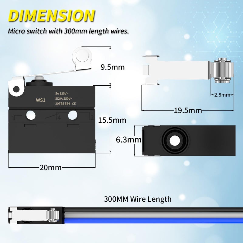 Joinfworld Micro Switch with Lever Waterproof IP67 Sealed Roller Lever Limit Switch SPDT 3 PIN Pre-Wired Micorswitch 5A 250VAC -2PC - Image 2