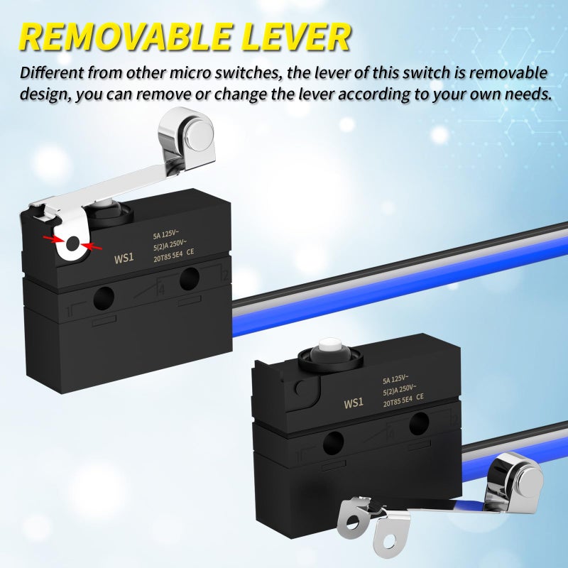 Joinfworld Micro Switch with Lever Waterproof IP67 Sealed Roller Lever Limit Switch SPDT 3 PIN Pre-Wired Micorswitch 5A 250VAC -2PC - Image 3