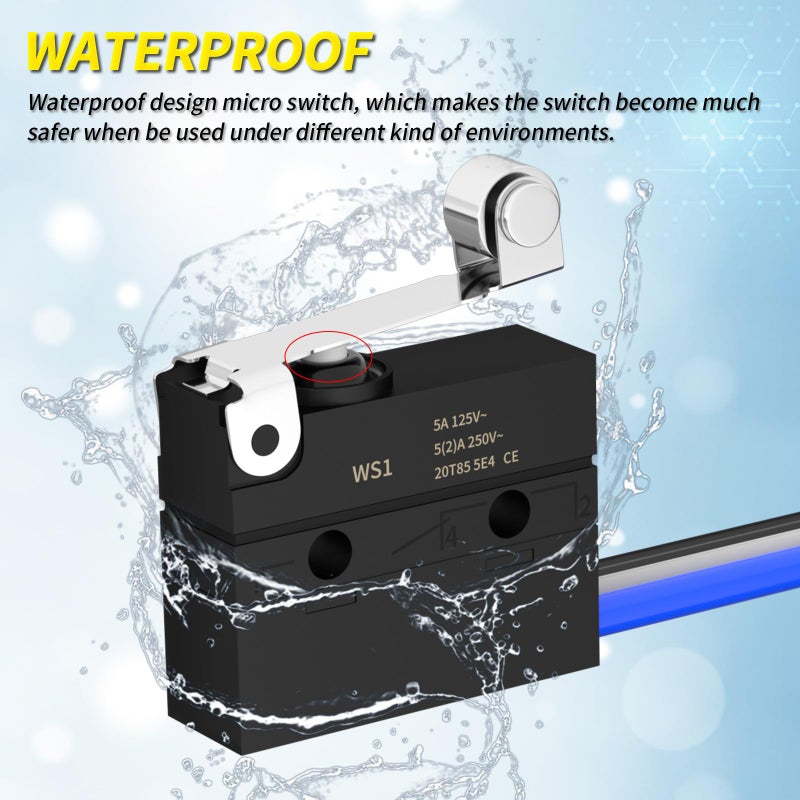 Joinfworld Micro Switch with Lever Waterproof IP67 Sealed Roller Lever Limit Switch SPDT 3 PIN Pre-Wired Micorswitch 5A 250VAC -2PC - Image 5