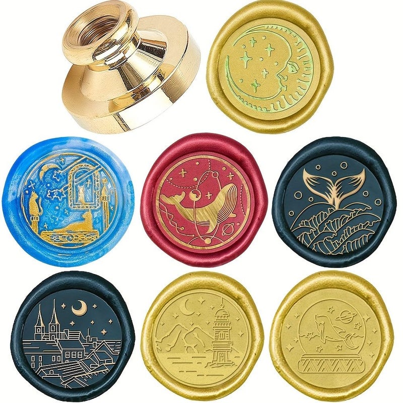 Wax Seal 25mm Removable Brass Head Lake Night Moon Dolphin Scene Pattern For Decorating Parties Greeting Cards Envelopes Wine Bottle Wraps Notebooks Perfume Bottles - Image 1