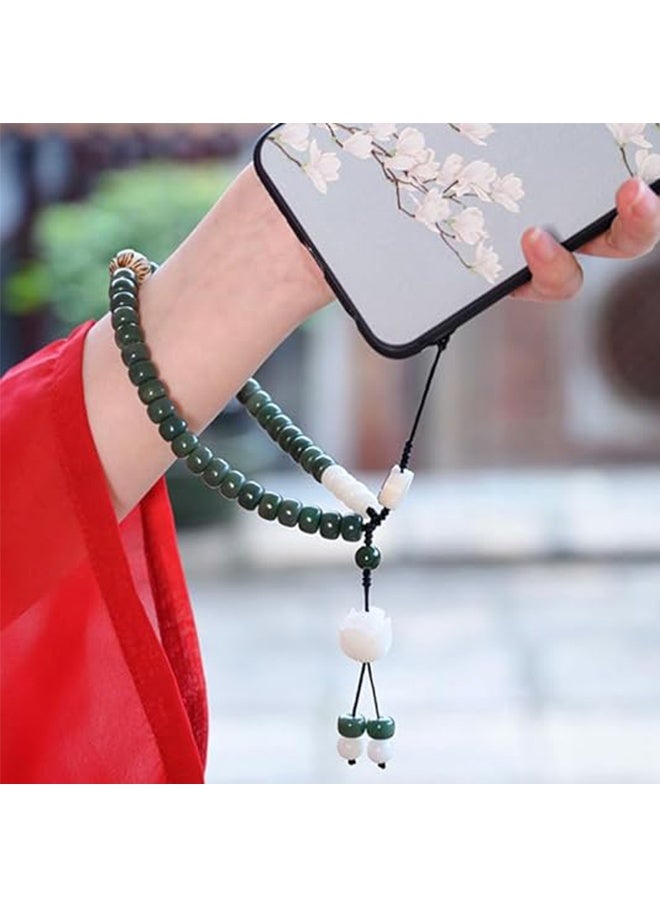 Mobile Phone Lanyard, Chinese Style, Natural Braided White Jade Bodhi Wristband for Mobile Phones, Backpacks, Key chains, Cameras - Jade Beaded Wrist Strap Pendant - Image 4