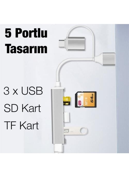 Coofbe - 5in1 Ype-C + USB Input Converter Replicator Hub USB 3.0 Fast Data Transfer Plug and Play - Image 1