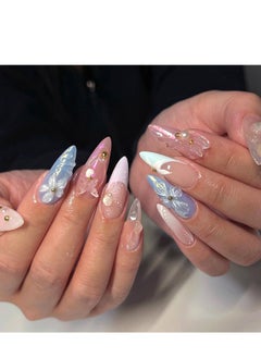 JOSQUEWNN Press On Nails, 24pcs Exquisite Handmade 3d Water Ripple Nail Art With Gold And Magic Mirror Pink, Adorned With Camellia Flower Nail Pieces, Fake Acrylic Nails With Glue Kit.  - Image 1