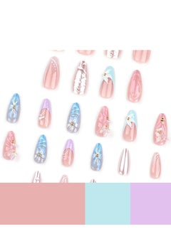 JOSQUEWNN Press On Nails, 24pcs Exquisite Handmade 3d Water Ripple Nail Art With Gold And Magic Mirror Pink, Adorned With Camellia Flower Nail Pieces, Fake Acrylic Nails With Glue Kit.  - Image 2