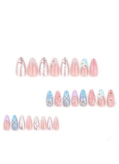 JOSQUEWNN Press On Nails, 24pcs Exquisite Handmade 3d Water Ripple Nail Art With Gold And Magic Mirror Pink, Adorned With Camellia Flower Nail Pieces, Fake Acrylic Nails With Glue Kit.  - Image 4