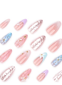 JOSQUEWNN Press On Nails, 24pcs Exquisite Handmade 3d Water Ripple Nail Art With Gold And Magic Mirror Pink, Adorned With Camellia Flower Nail Pieces, Fake Acrylic Nails With Glue Kit.  - Image 5